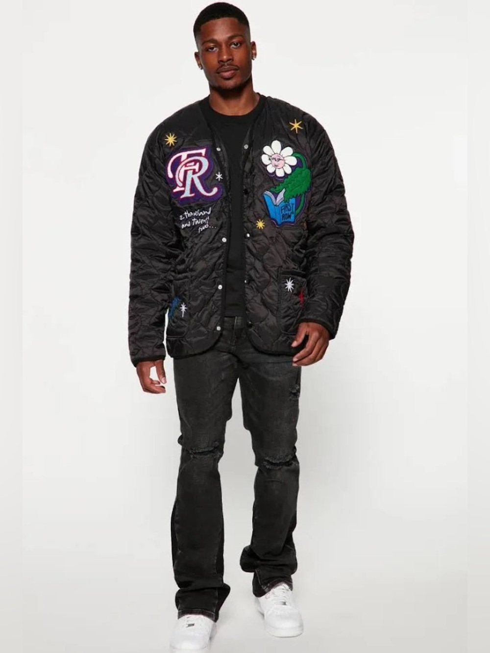 First Row Quilted Padding Bomber Jacket With Patchwork - Picture 3 of 9